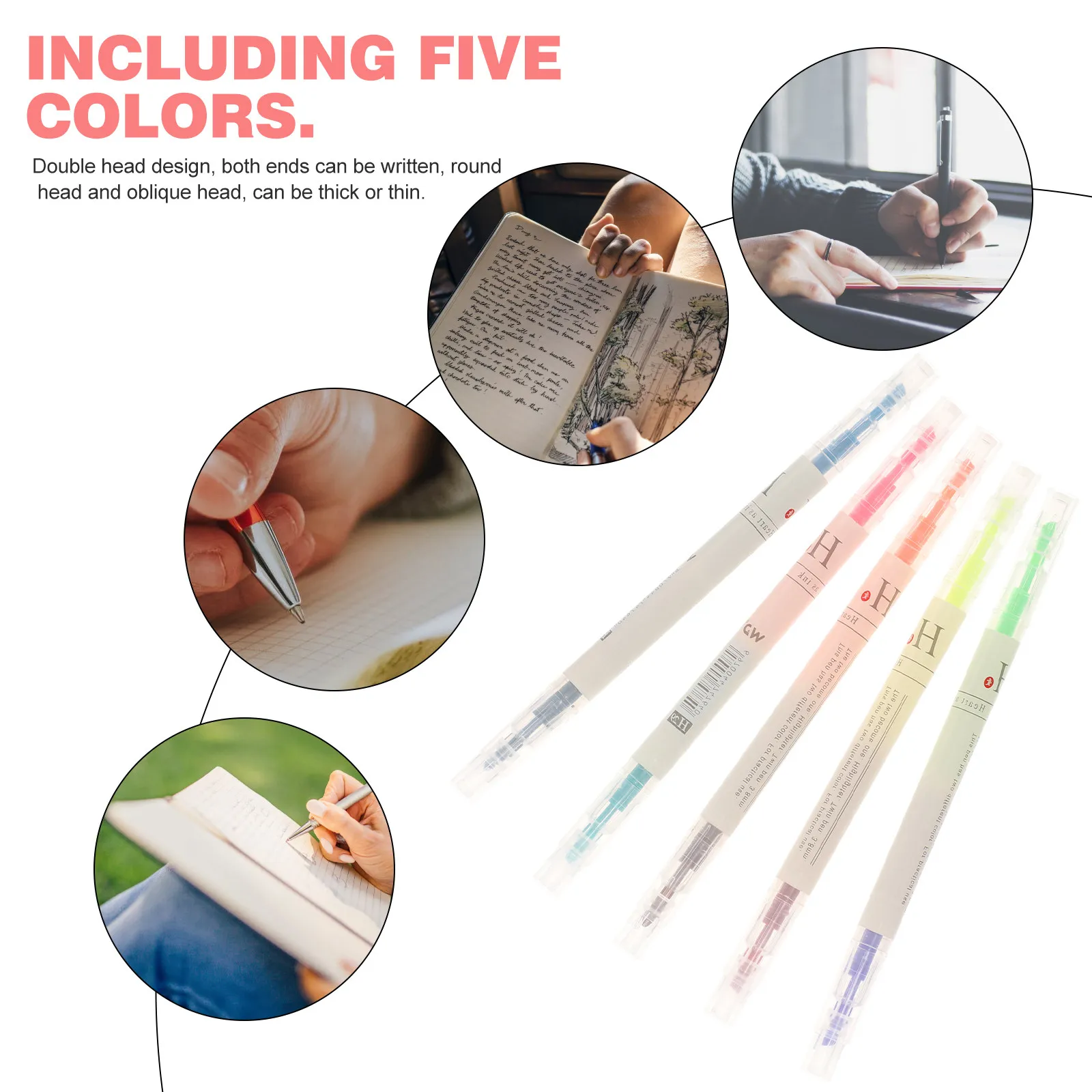 5Pcs Highlighter Pens Fluorescent Colored Marker Set Double Ended Chisel Round Tip Vibrant Colors Transparent Case Comfort Grip