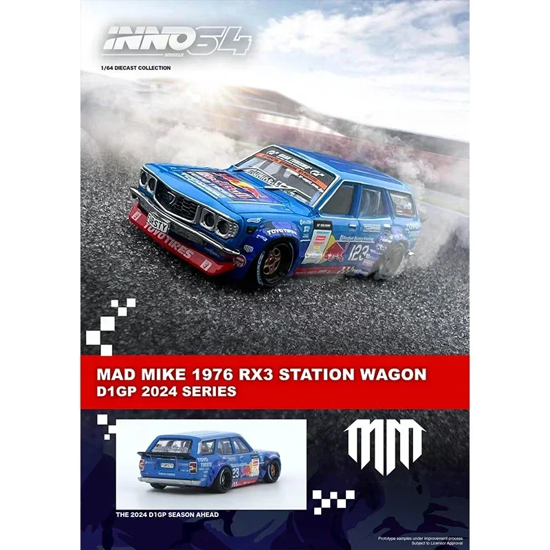 PreSale INNO 1:64 MAD MIKE 1976 MAZDA RX3 Station Wagon D1GP Series 2024 Diecast Diorama Car Model Collection Toys