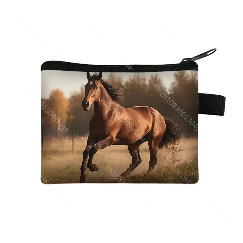 Animal Cavalo Print Coin Purses para mulher, bonito Unicorn Wallet, cartão de crédito, fone de ouvido, bolsa com zíper, batons