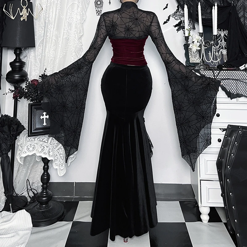 ゴシックブラックフロッキングスパイダーウェブバットウィングスリーブスモック新ファッションセクシーな美的シースルーコスプレハロウィン女性トップス