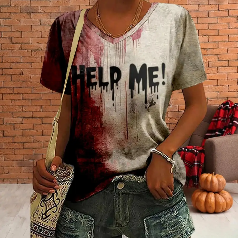 Stretchy T-Shirt Halloween Met Bloed Brief Print V-Hals En Lange Mouw Dames T-Shirt Met Losse Pasvorm Pullover Tops Voor Festivalfeest