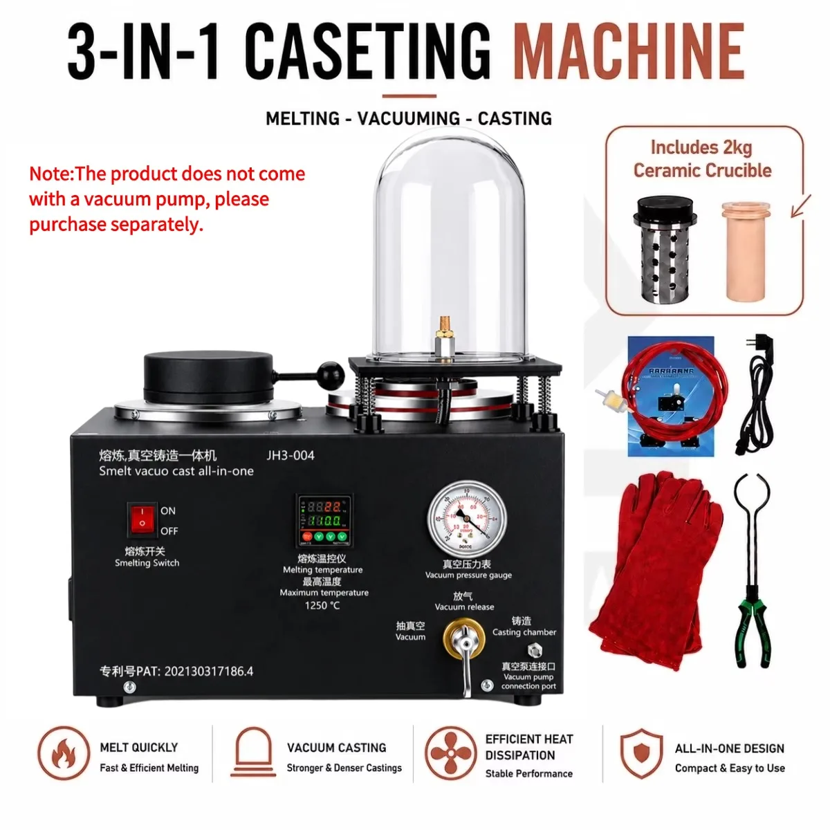 110V 1150℃ Digital Jewelry Melting Furnace With Ceramic Crucible Kit Lost Wax Casting Machine 3-in-1 Jewelry Vacuum Metal Smelting for Aluminum Silver Gold Jewelry Gold Silver Smelting Mold 2kg Jewelry Casting & Gold Melting Furnace