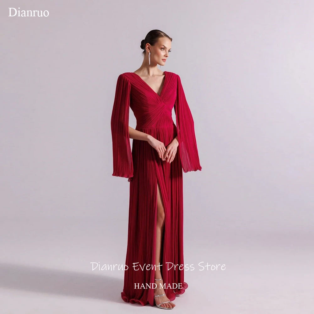 

Dianruo Long Sleeves Ruched Evening Dresses High Slit V Neck Robes De Soirée Chiffon Vestidos De Fiesta Elegantes Customized