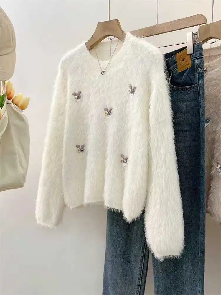 

Soft ort Mink Sweater Women's Spring Autumn 2024 New Loose Lazy Sle Knitted Top Pearl Embellied Thi Warm Pure Color