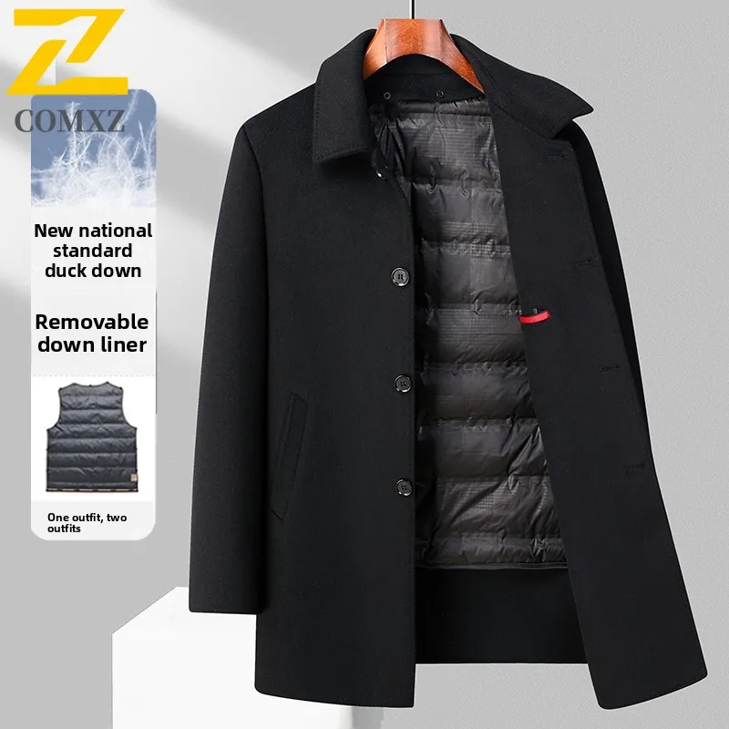 COMXZ Mens Long Down Jacket Thicken Outdoor Work Lightweight Padded Jacket High End Detachable Inner Layer Warm Winter Wool Coat