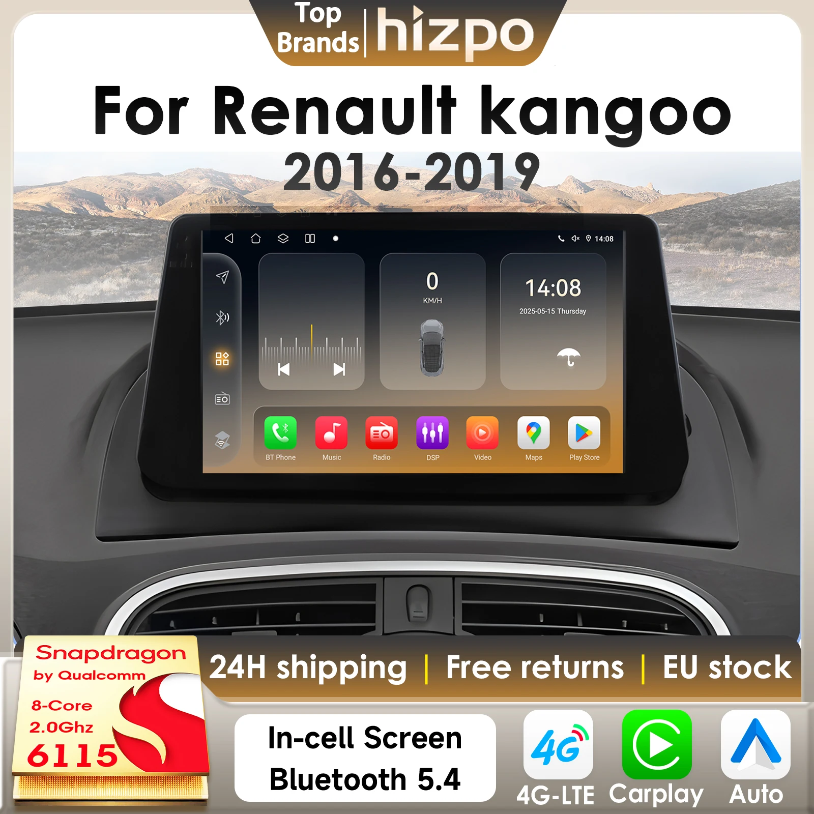 Hizpo 2Din Android 14 Auto-Multimedia-Player für Renault Kangoo 2009–2018 Autoradio CarPlay Android Auto 360Cam von Snapdragon 6115