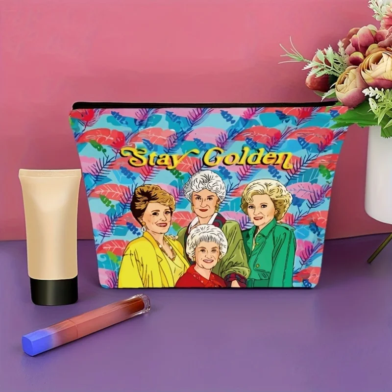 حقيبة مكياج Stay Golden" بنمط الأزهار خفيفة الوزن، ومنظم متعدد الأقسام مع حقيبة مستحضرات التجميل بسحاب للإغلاق ومحفظة للعملات المعدنية