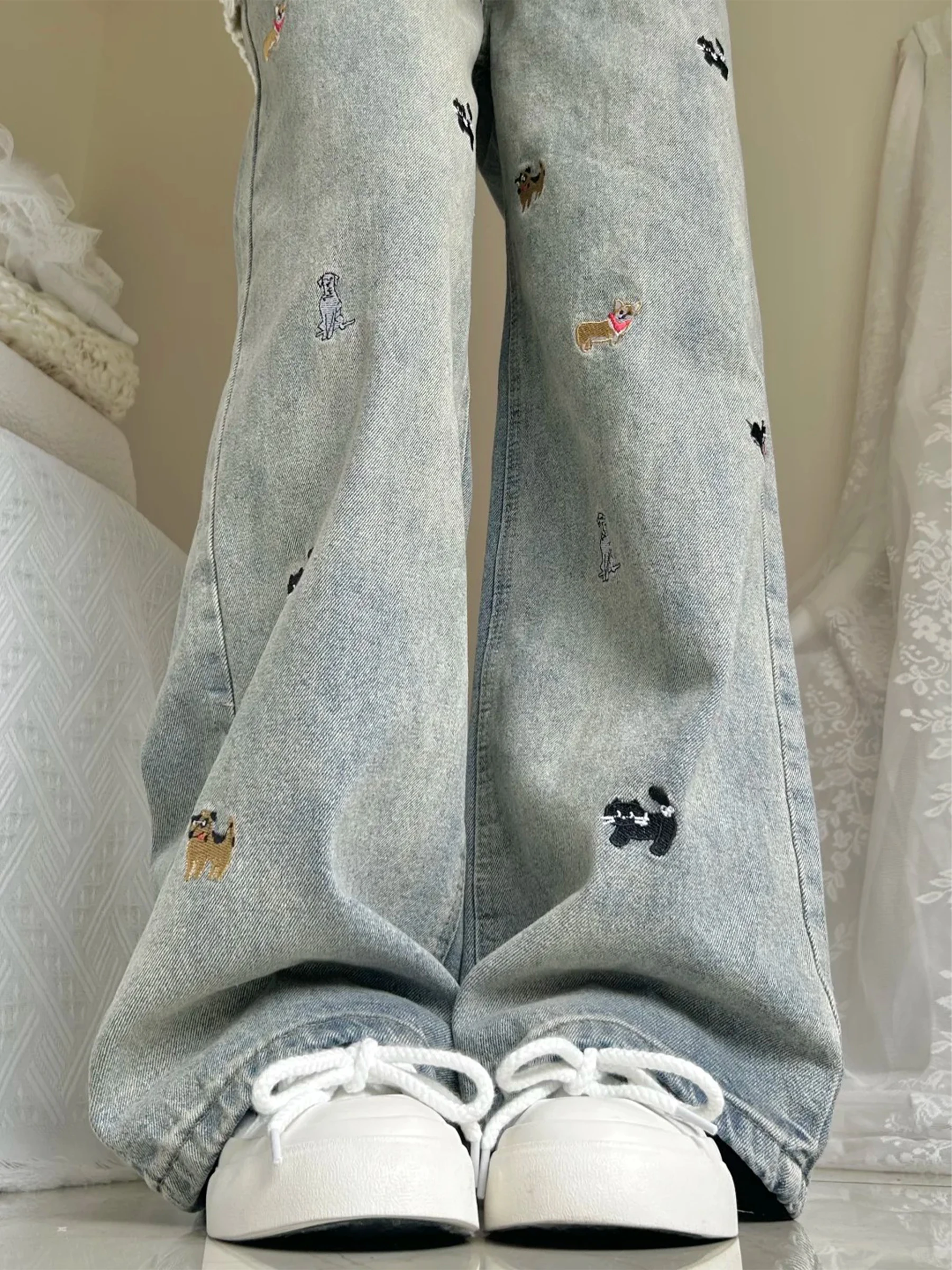 

American Style High Waist Wide Leg Embroidered Dog Jeans Women's Loose Fit Summer Drapey Straight Leg Casual Cotton Denim