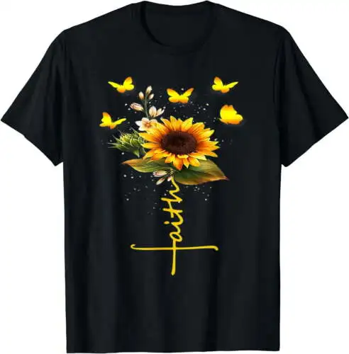 T-shirt Vintage Faith Cross pour Femme, Tournesol, Papillons, Fleurs, ChréKh