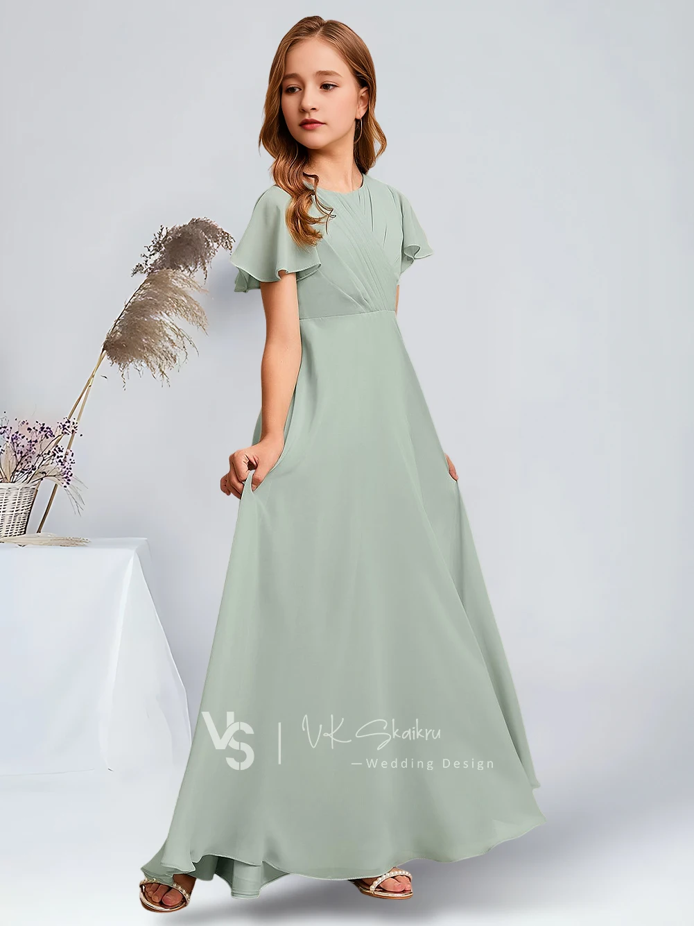 Vestidos de dama de honor Junior de gasa hasta el suelo, vestido elegante de una línea, cuchara, Agave, encantador, niña de las flores, fiesta, boda, baile para niños