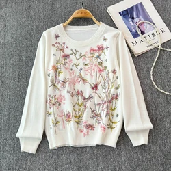 Embroidery Flower 2024 Autumn Winter Luxury Brand Design White Knit Long sleeves Sweater For Women Knitwear Pullover Clothes