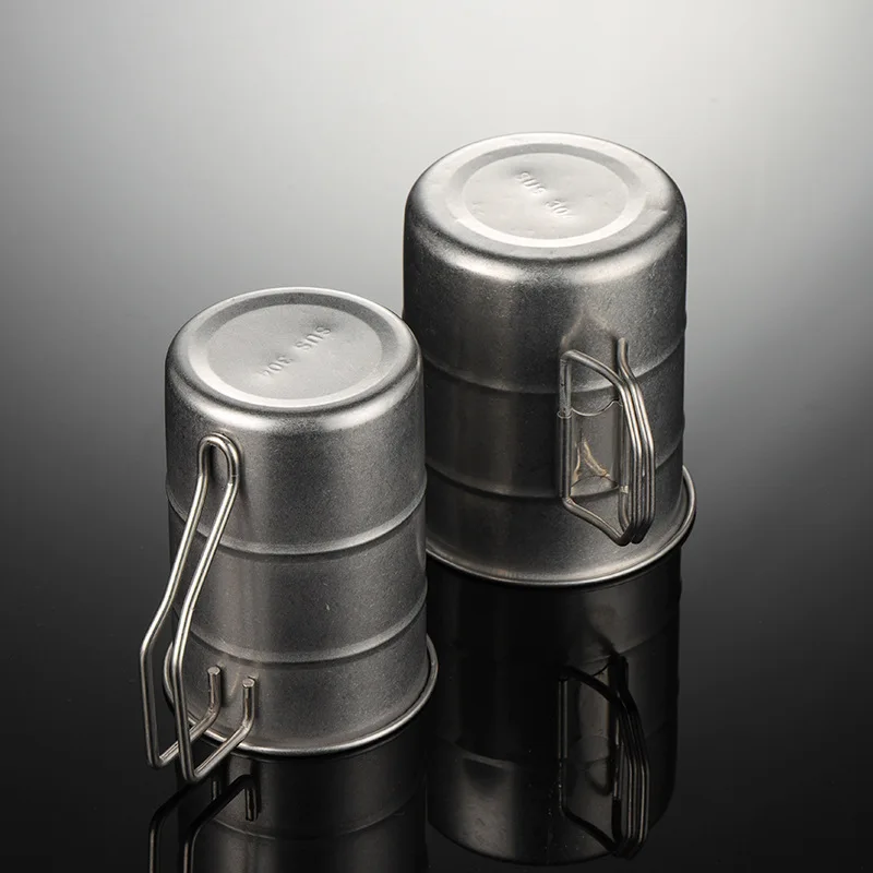 الرجعية الفولاذ المقاوم للصدأ التخييم في الهواء الطلق أكواب مياه أكواب البيرة للطي مقبض النفط برميل شكل أكواب القهوة سعيدا إلى الأصدقاء #2