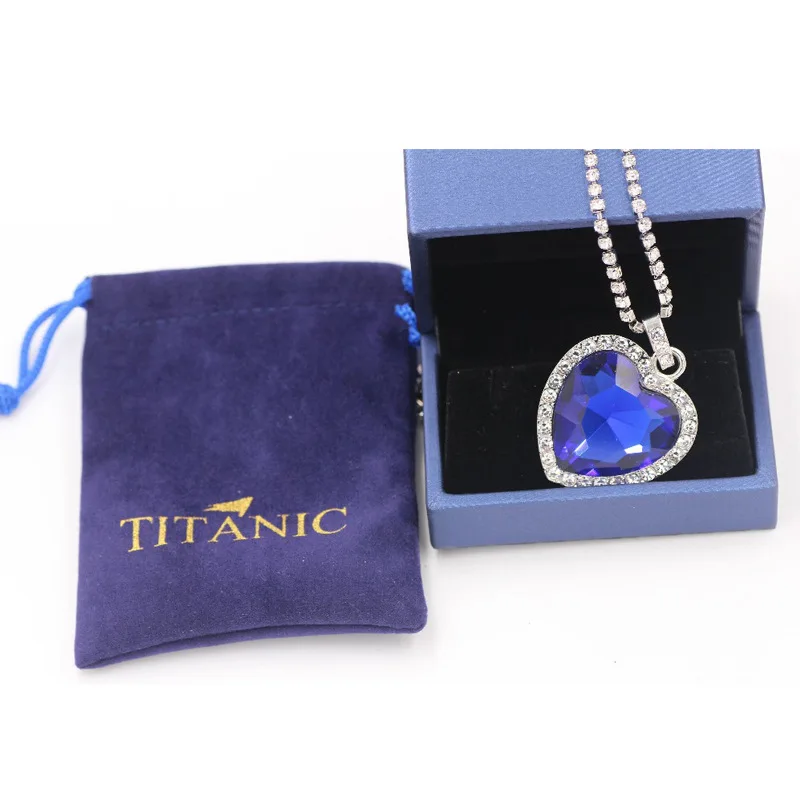 Ocean Heart Titanic Blue Pendant Necklace+Velvet Bag New Fashionable Sparkling Full Diamond Eternal Love Red Sweater Chain