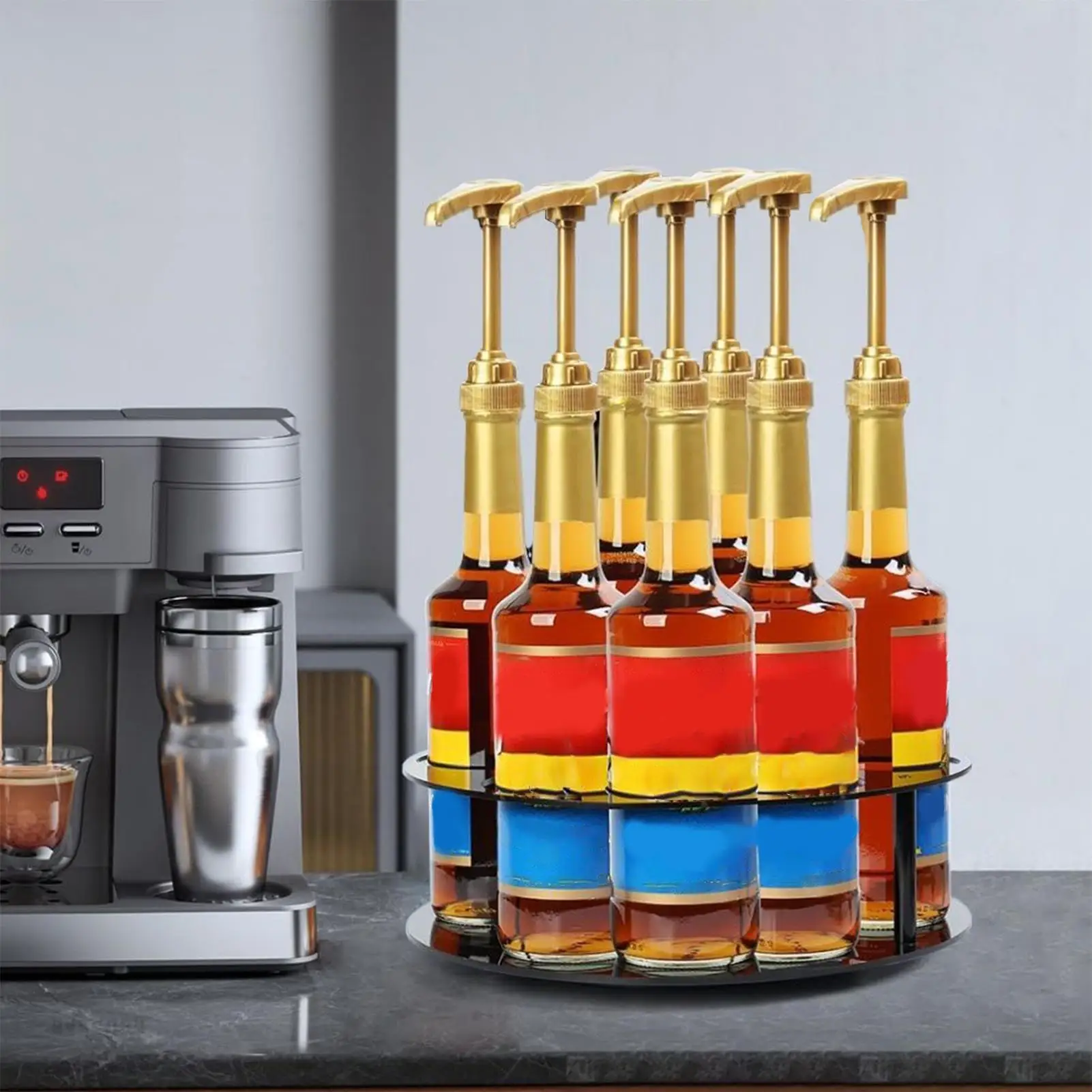 

Rotating Coffee Syrup Organizer, 7 Bottles Coffee Syrup Rack for Coffee Bar, Syrup Holder Stand for Countertop, Turntable Wine