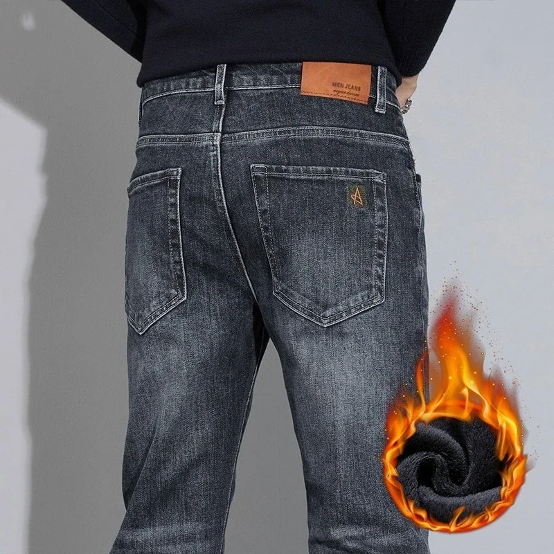 

Fashion Men's Fleece Jeans Winter New Thick Straight Vintage Casual Stretch Velvet Denim Trousers Warm Plush Pants Male