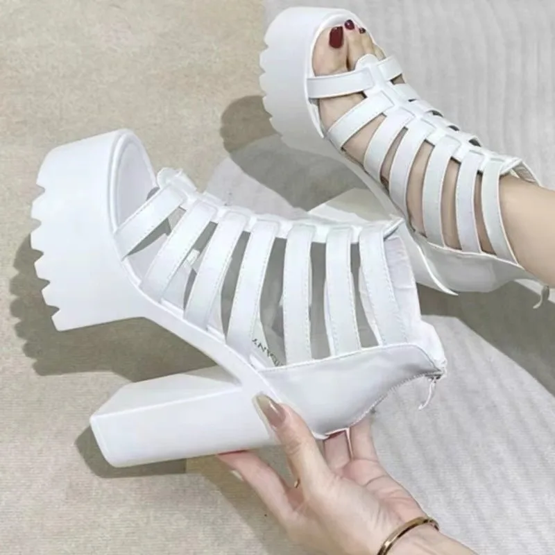 14CM Square High Heeled Sandals for Women 2024 Summer Sexy Peep Toe Platform Pu Band Hollow Design Back Zipp Shoes Roman Sandal