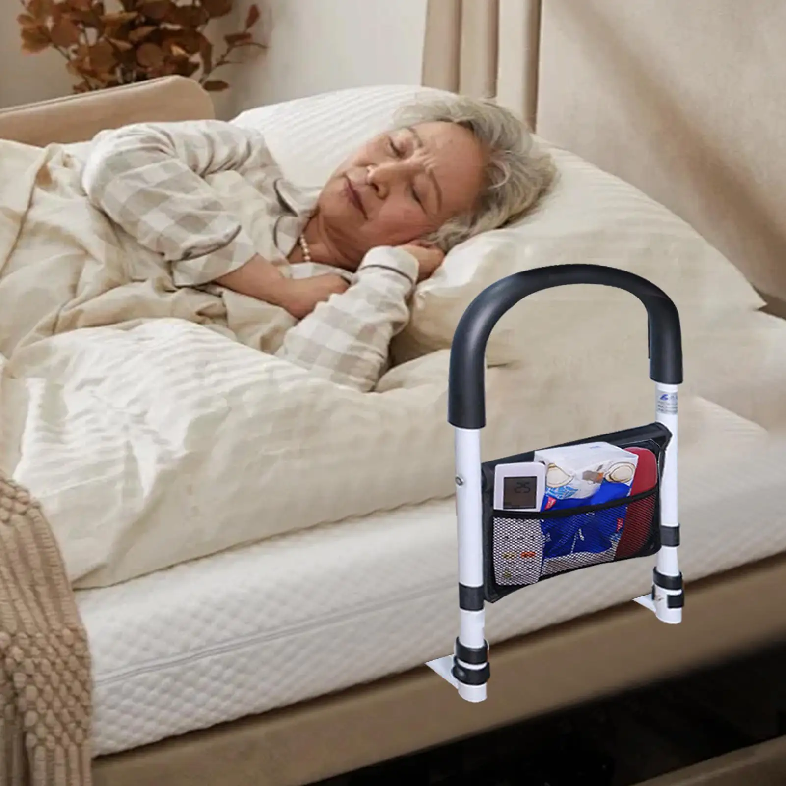 高齢者用ベッドレール-滑り止めハンドル付きベッドバー-大人用収納ポケット付き-高齢者用-家庭-病院-患者室