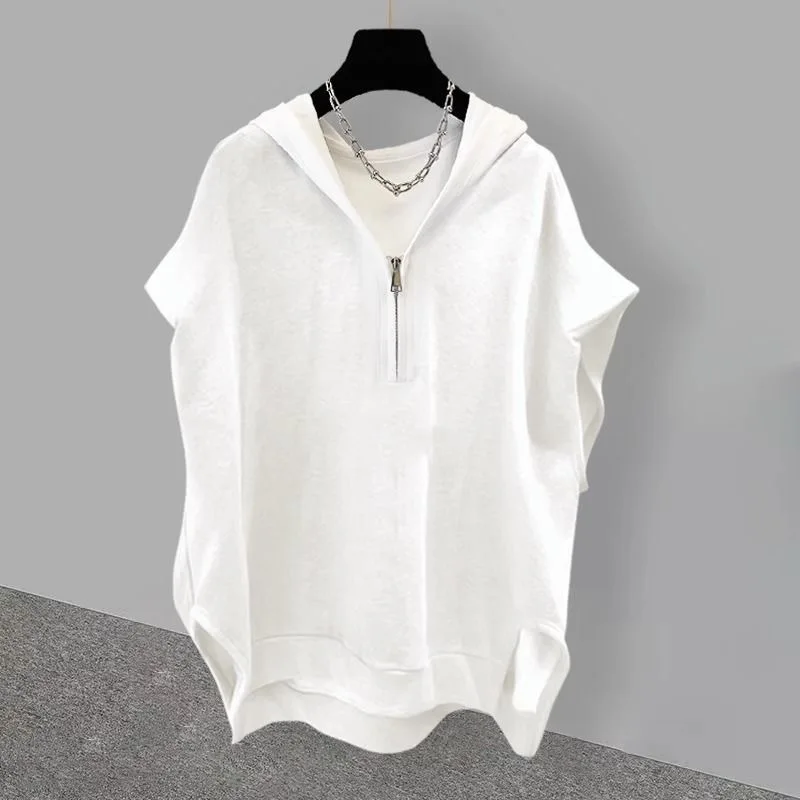 Sleeveless Hooded Sweater for Men and Women Monochromatic Zipper Loose Tank Top Korean Style Summer New Extra Large 150kg 2024