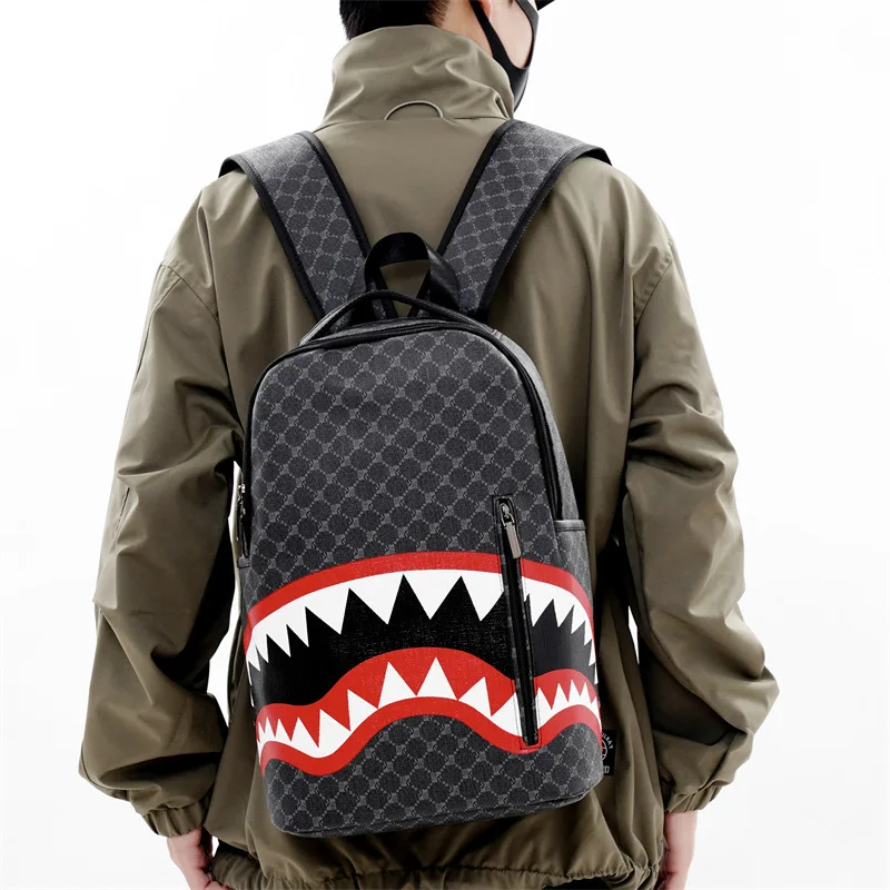 Simple personality fashion shark mouth men's backpack plaid high school student college student school bag computer backpack