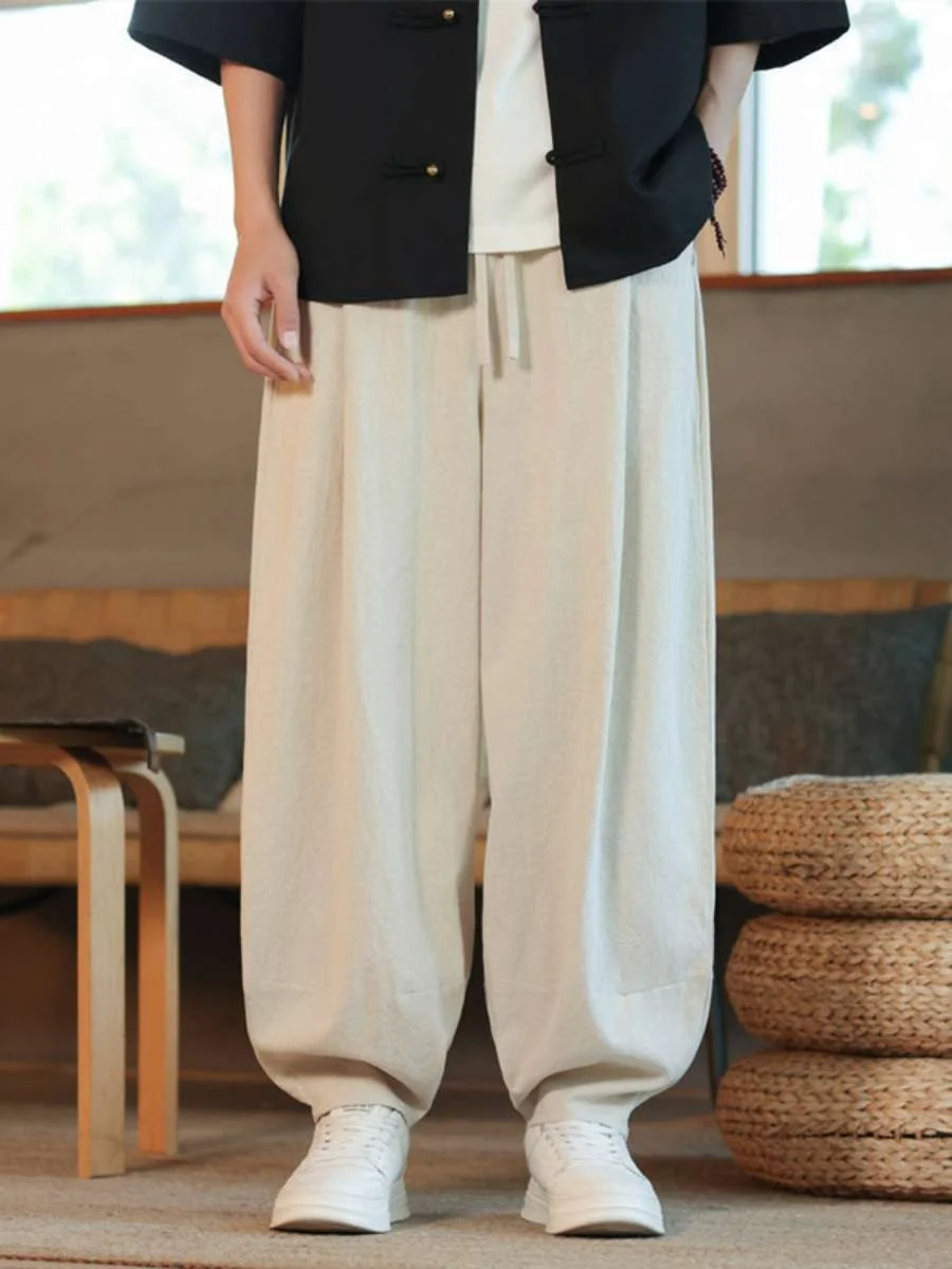 

New Summer Chinese Style Casual Pants Youth Color Retro Cotton Linen Loose Lantern Wide Leg Long Trousers Loose Fit