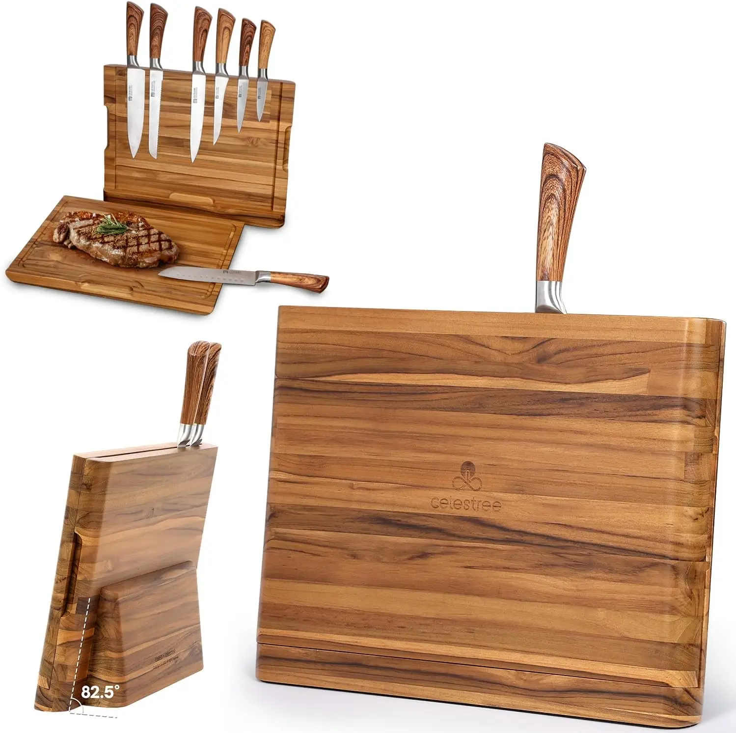 

2-in-1 Teak Cutting Board with Magnetic Knife Holder - 16 x 11 Inch Teak Wood, Juice Grooves, Kitchen Organizer for Home