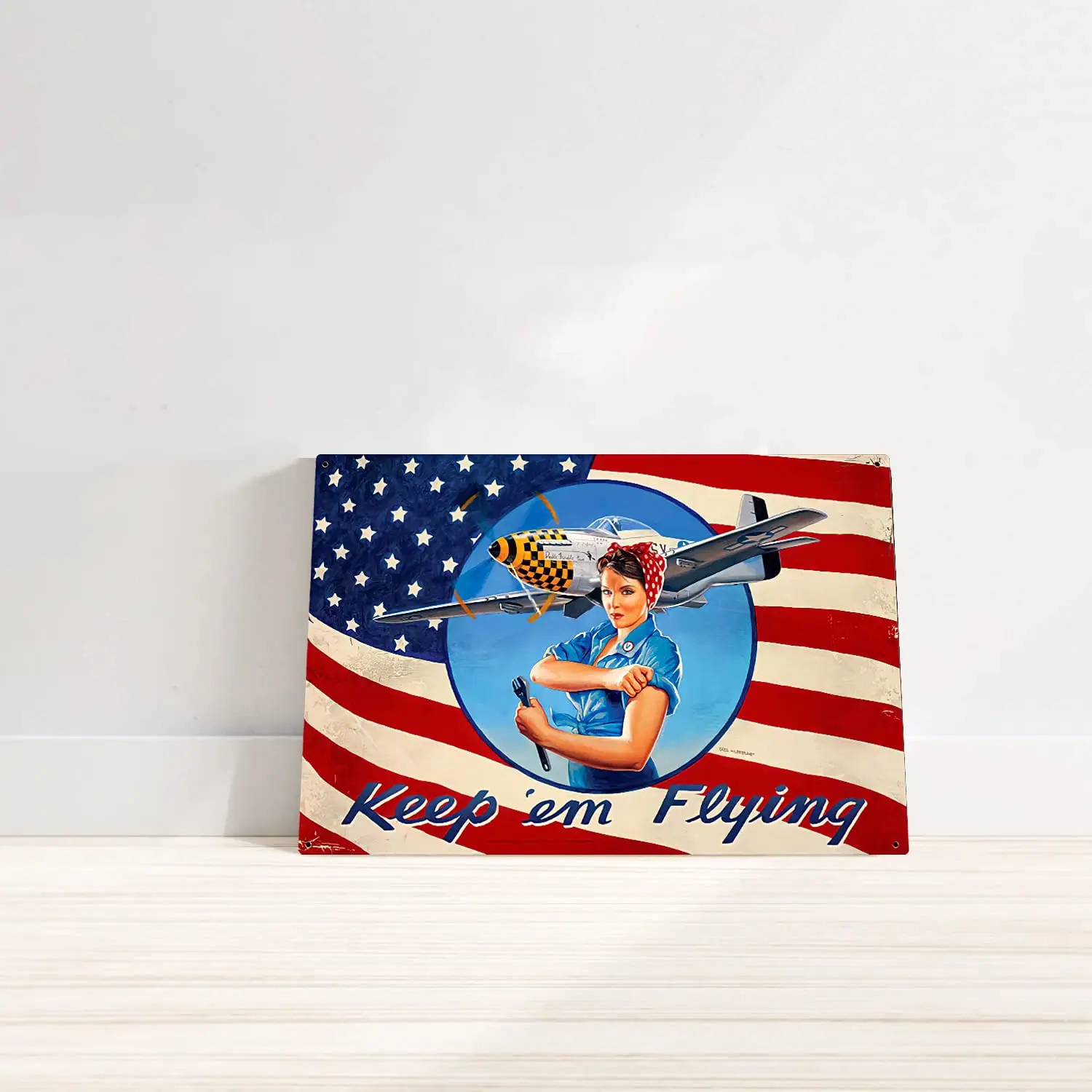 ILKSTI Rosie Riveter Keep em Flying Patriotic WWII Tin Signs Vintage Decor for Bars,Diner,Cafes Pubs Garage Home Wall Art Poster