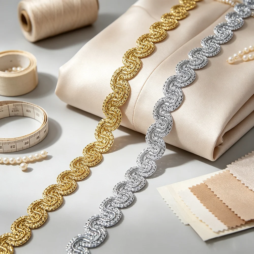 5m/16,4ft pro Packung Metallic Gold Silber S-Wellen-Webband für Hochzeitskleider, Nähen, DIY-Bekleidung, Bastelarbeiten und Dekorationszubehör