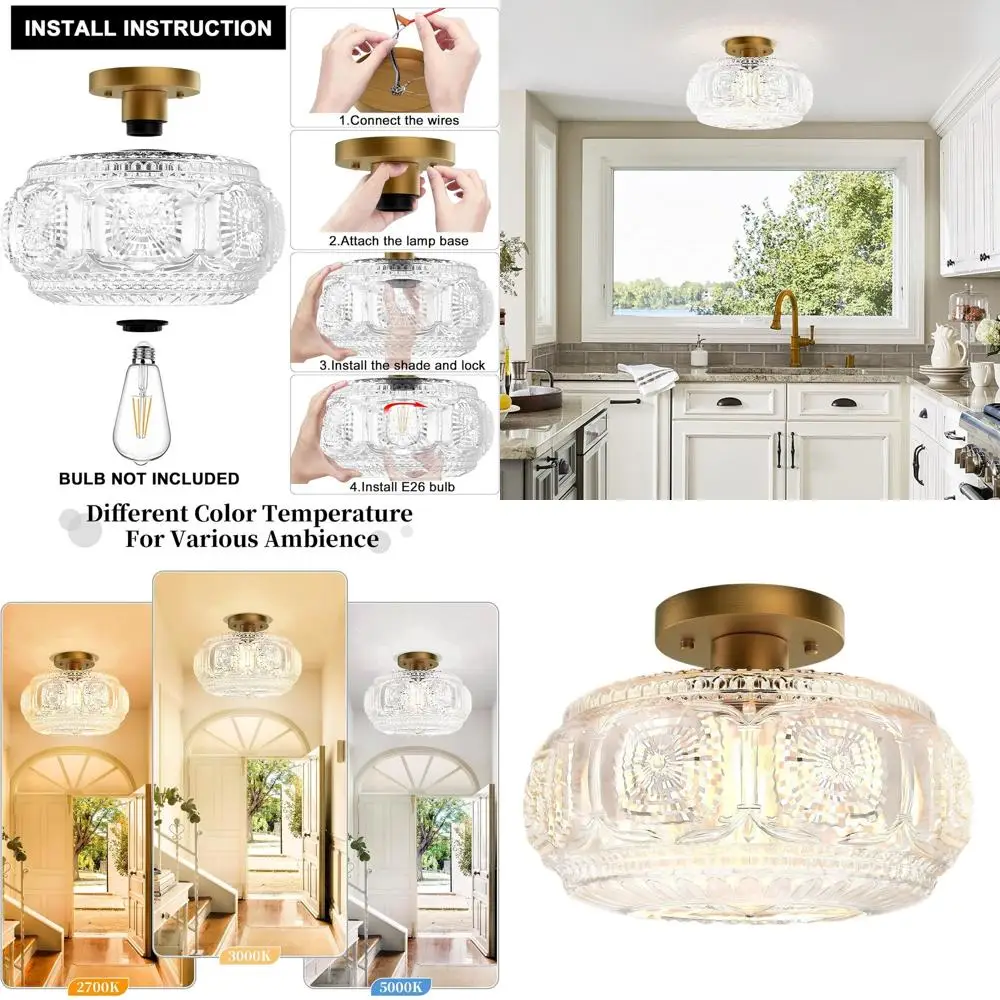 

12 Vintage Gold Glass Semi Flush Ceiling Light Fixture for Hallway, Kitchen, Bedroom, Dining Room (Bulb Not Included)