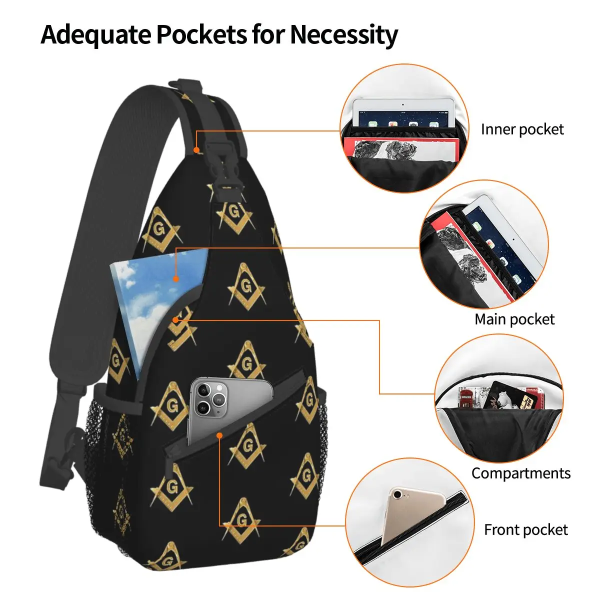 Freimaurer Muster Schulter taschen Brust Cross body Schulter Schlinge Rucksack Wandern Reise Tages rucksäcke Gold Schwarz Quadrat Freimaurer Männer Frauen