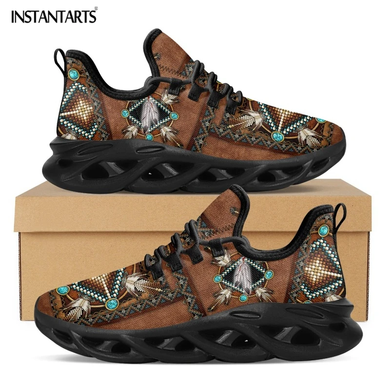 INSTANTARTS African Tribal Pattern Ladies Mesh Swing Sneakers Comfort Lace up Platform Shoes Lightweight Sport Shoes for Women