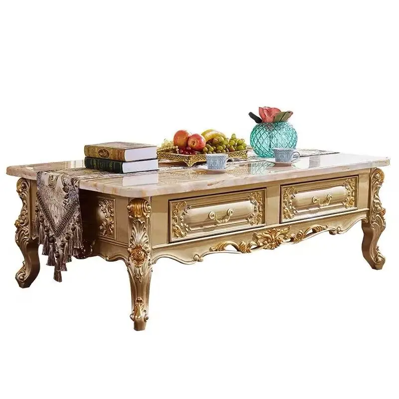 

Журнальный столик из европейского мрамора, простой современный дизайн, для гостиной, с резьбой по массиву дерева, для небольшой квартиры, золотой цвет, тумба под телевизор