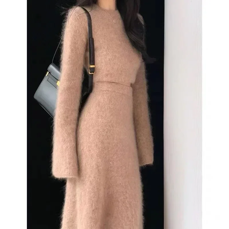 Streetwear Dress Sets Women Two Piece Sets Autumn O-Neck Loose Fur Flared Sleeve Tops Thick Mid Length Skirt Set Korean 2023