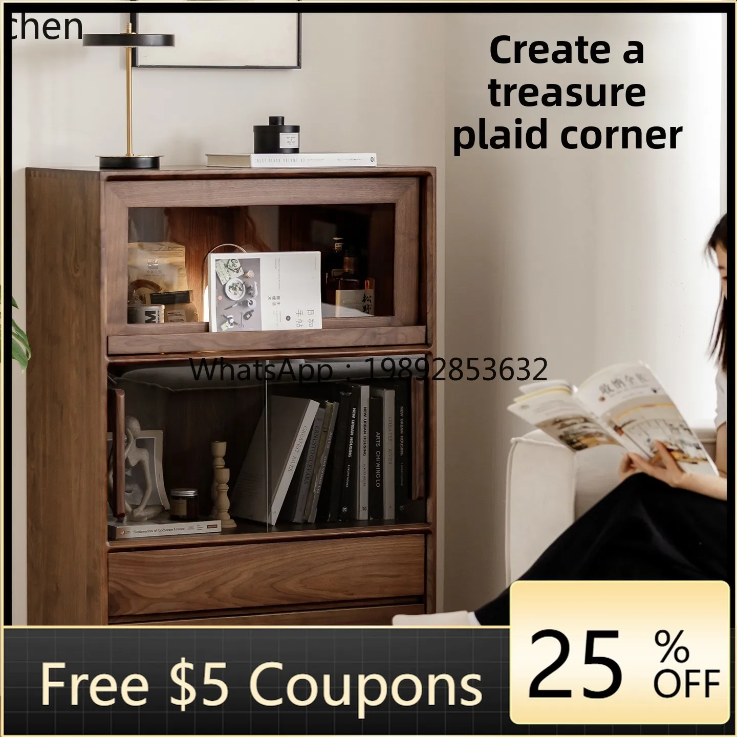 

WW walnut living room TV side cabinet sofa storage cabinet