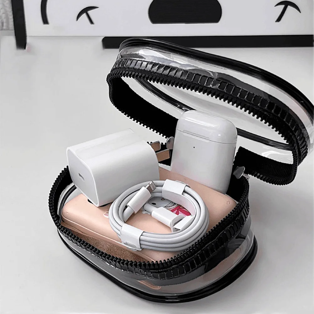 휴대용 미니 투명 지퍼 보관 가방 - 이어폰 및 충전기용 공간 절약형 정리함, 편리한 키체인 루프로 다용도