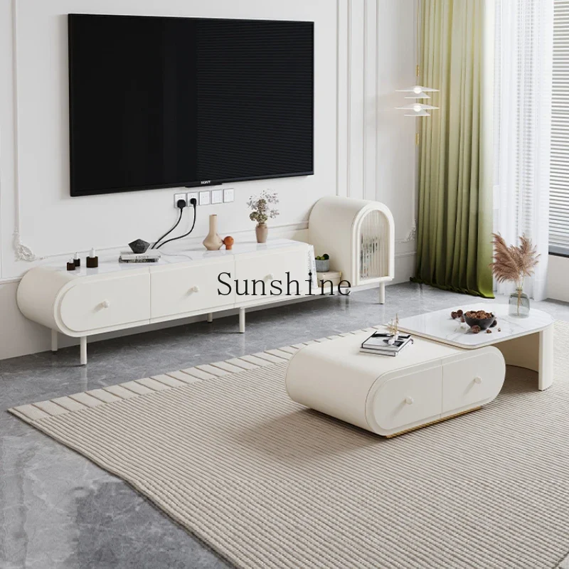 Cream wind TV cabinet Living room household floor TV cabinet Coffee table telescopic combination