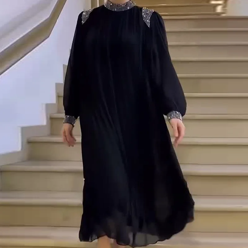 

2025New Fashion Solid Color European and American Style Niche Fashion Rhinestone Long Dress