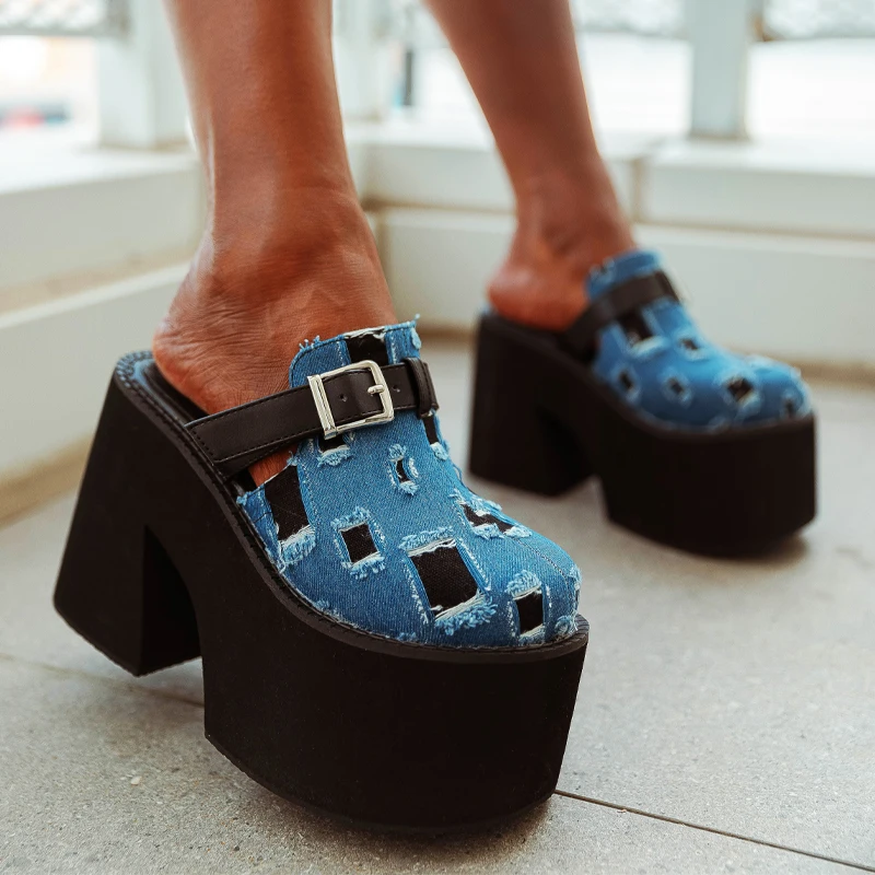 

Black Platform High Heels 11cm Summer Blue Denim Close Toe Slippers Leisure Chunky Heels For Woman Punk Sandals Size 12
