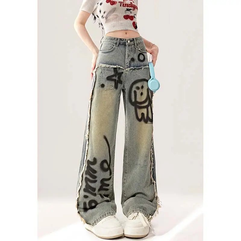 Straight Leg Cartoon Dog Ripped Raw Hem Long Jeans Women Denim Pant boyfriend casual 2024 y2k e-girl fairycore 2000s grunge cute