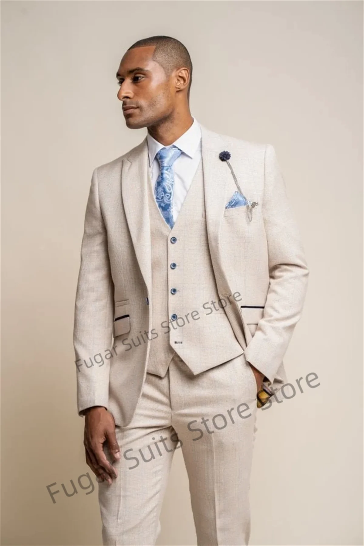Elegant Beige Wedding Suit for Men Slim Fit Peak Lapel Formal Groom Tuxedo Prom 3 Pieces Sets Casual Male Blazer Costume Homme