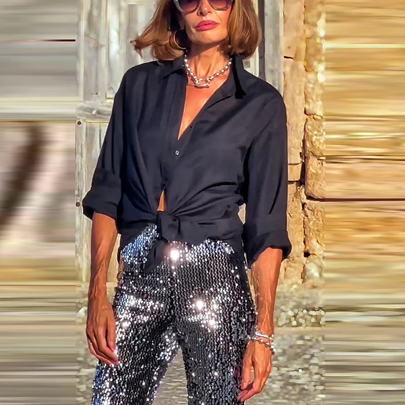 Nieuw Binnen Slanke Mooie Feestbroek Mode High Street Pailletten Flare Broek Vrouwen Elegante Hoge Taille Sparkle Glitter Broek