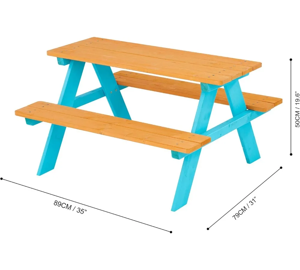 مجموعة طاولات ومقاعد خشبية للنزهات الخارجية للأطفال - صنوبر متين، سهل التجميع، لون مائي ممتع