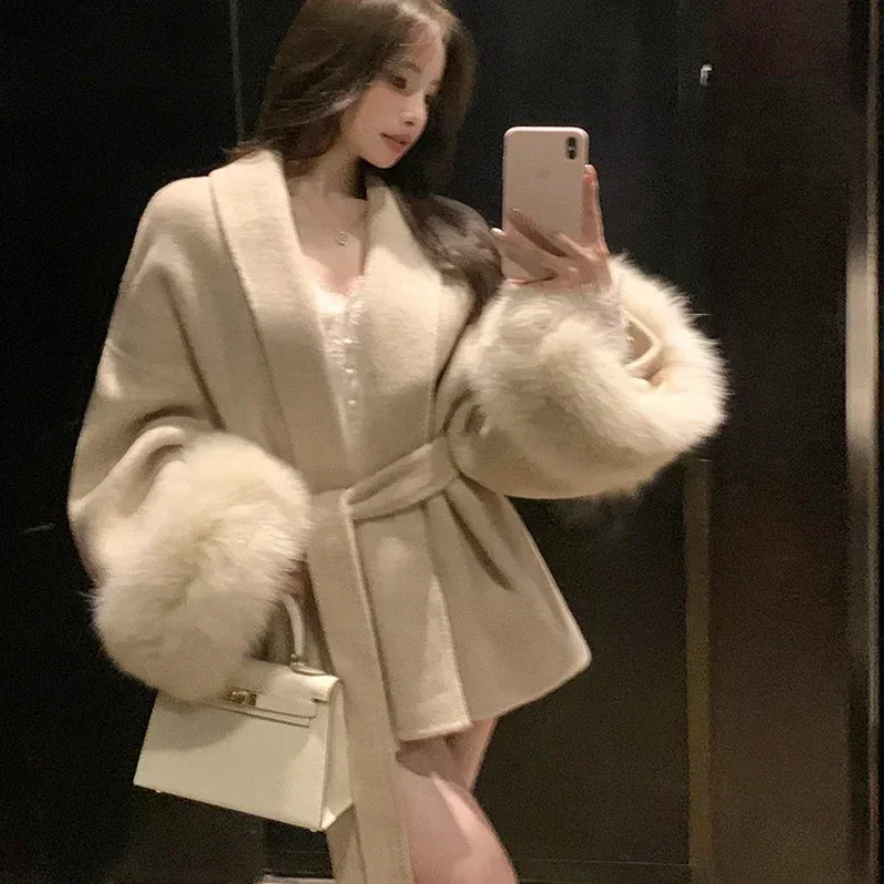 

Women's Coat Fur Patchwork Long-sleeved Wool Coat Beautiful Women's Clothing New Jacket Autumn And Winter