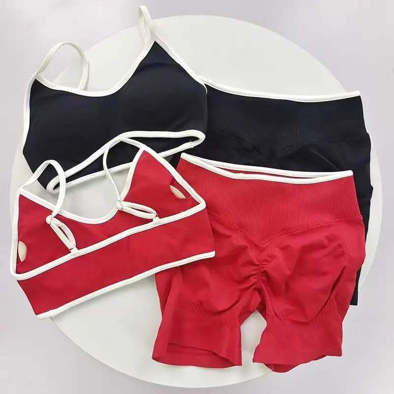 

Sports And Fitness Suit Vest Contrasting Color Shock-absorbing Sports Bra High Waist Breathable Peach Hip Three Part Shorts Set