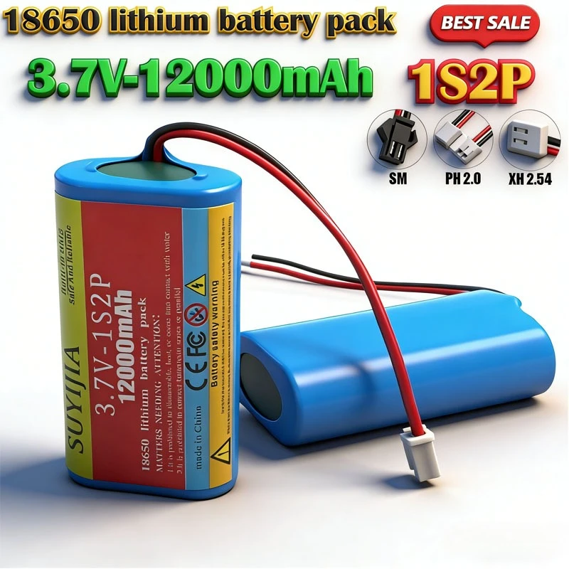 

3.7V 12000mAh Rechargeable Lithium Battery 18650 1S2P BMS Suitable for Electric Fans Remote Control Lights Toy Boats LED Lights