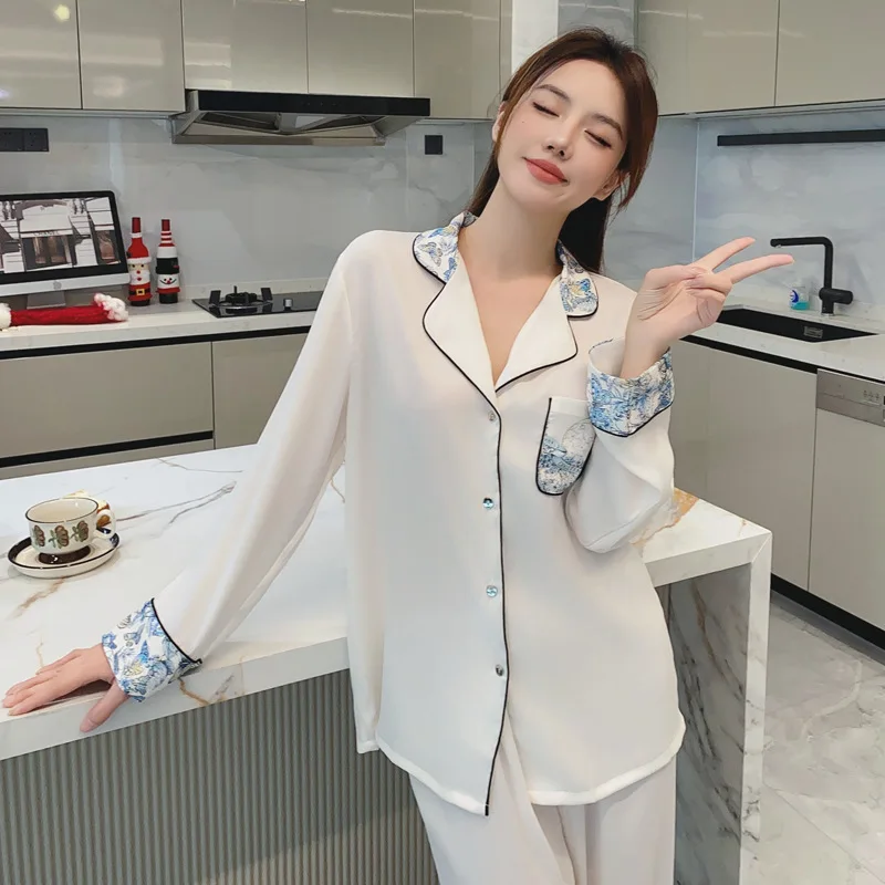 

New High Quality Ice Silk Pajamas Women Spring And Autumn Print Long Sleeve Two-piece Casual Breathable Soft Thin Pyjamas Sets