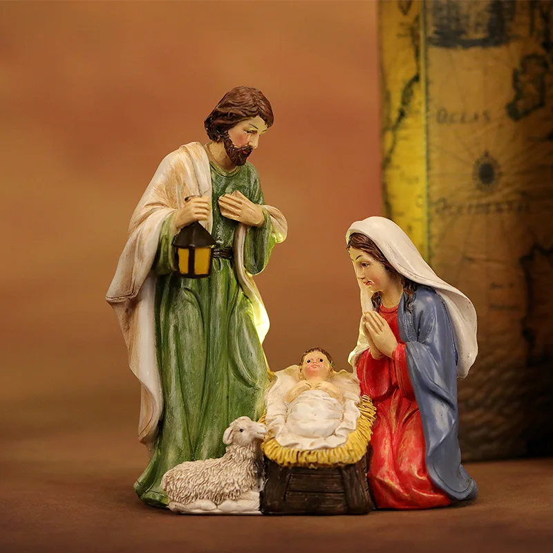 

Religious Nativity Set - Manger with Baby Jesus and Three Shepherds - Holy Family with Sheep Christmas Gift Set