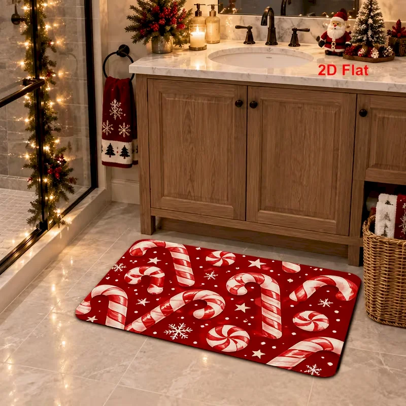 VIKAMA Christmas Doormat Non Slip Absorbent Washable Floor Mat Red Candy Canes Sticks Snowflakes Holiday Decor