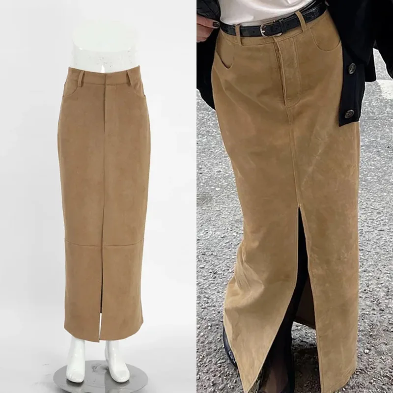 

Vintage Faux Suede High Waist A-Line Skirts For Women Autumn Winter Casual Office Chic Khaki Color Pencil Skirt With Side Slit