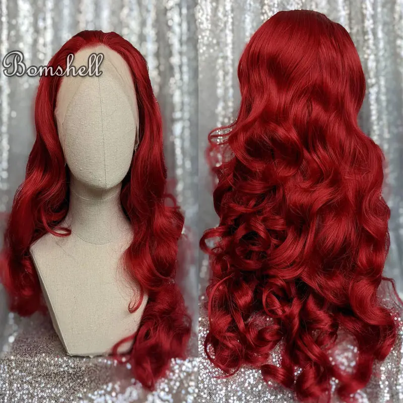 

Bright Fire Red Deep Wave Wig Synthetic 13x4 Lace Front Wigs High Quality Heat Resistant Fiber Hair Middle Parting For Women Wig