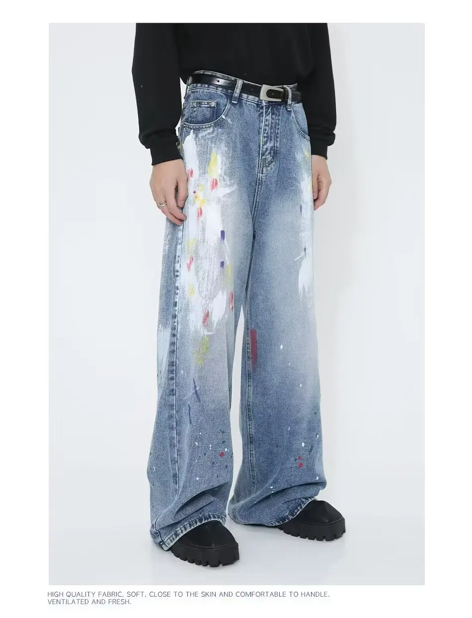 

y2k Splashing ink Jeans For Men Hip Hop Fashion Graffiti Holed Straight-leg Denim Trousers 2024 New Y2k Streetwear Jean Pants